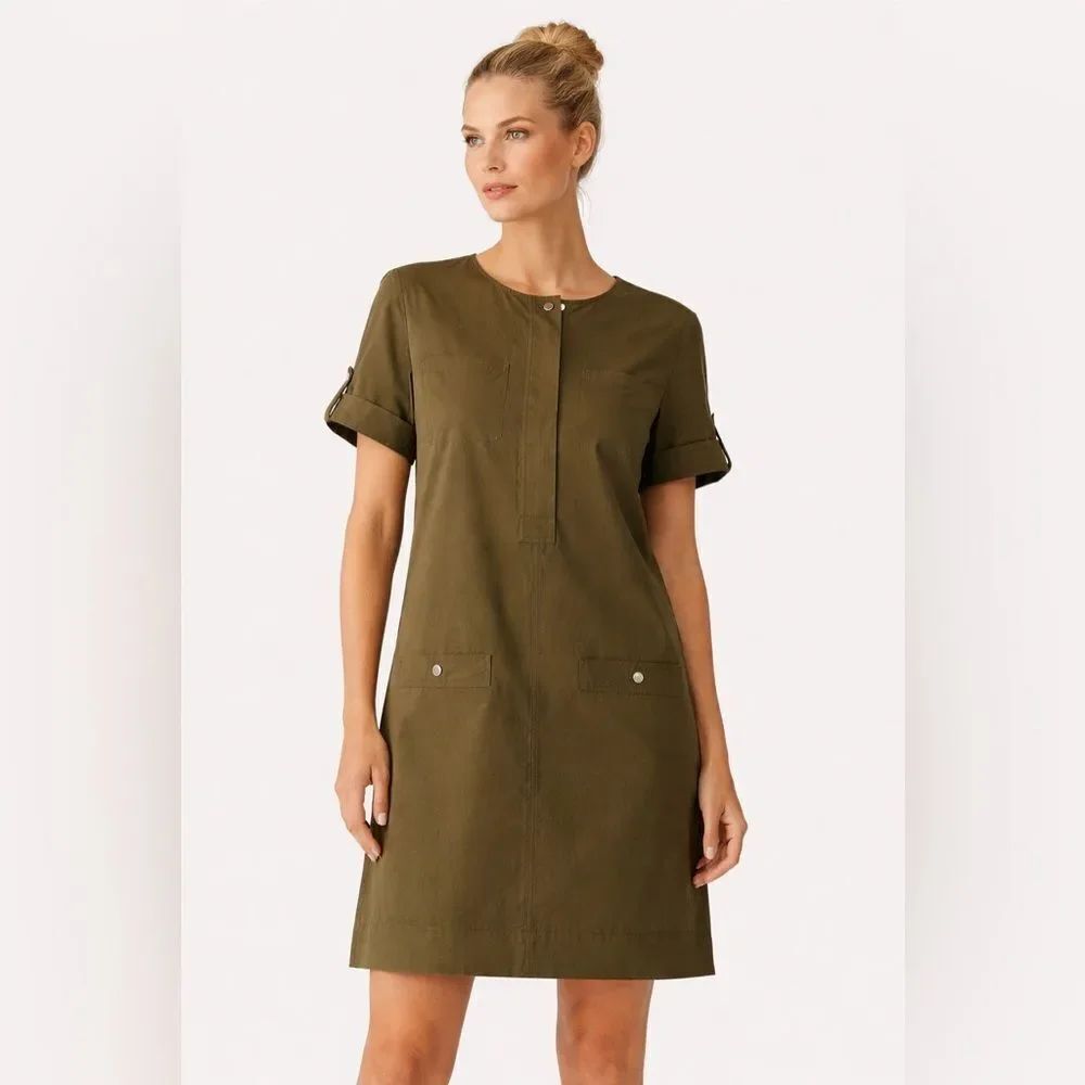 Proenza Schouler White Label Olive Cotton Utility Shift Dress Snap Pockets NWOT